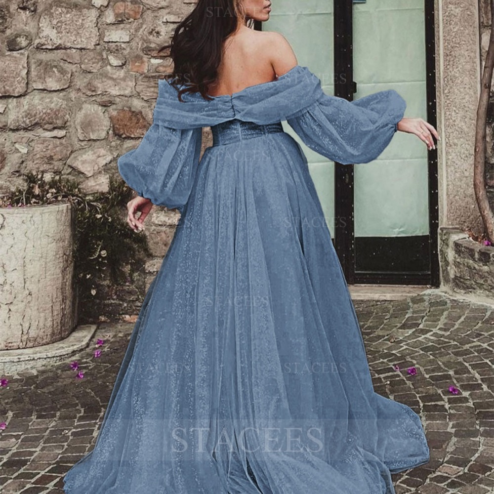 Blue Off-Shoulder Evening Gown